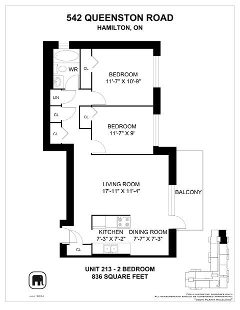 A floor plan for a 2 bedroom apartment at 542 Queenston Road, Hamilton, ON.